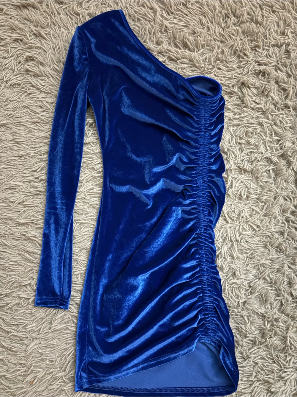 Amazon Women One-Shoulder Velvet Ruched Mini Dress - Royal Blue